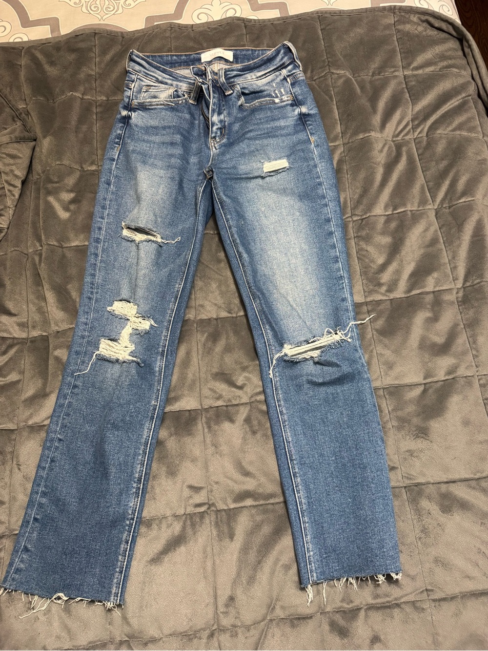 Distressed High-Rise Straight Leg Jeans - Blue